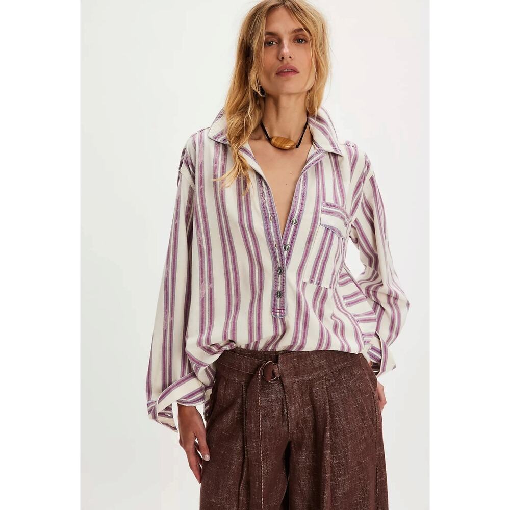 Free People Bohemian Preppy Pullover Shirt Tunic Ivory Stripes Small Coastal